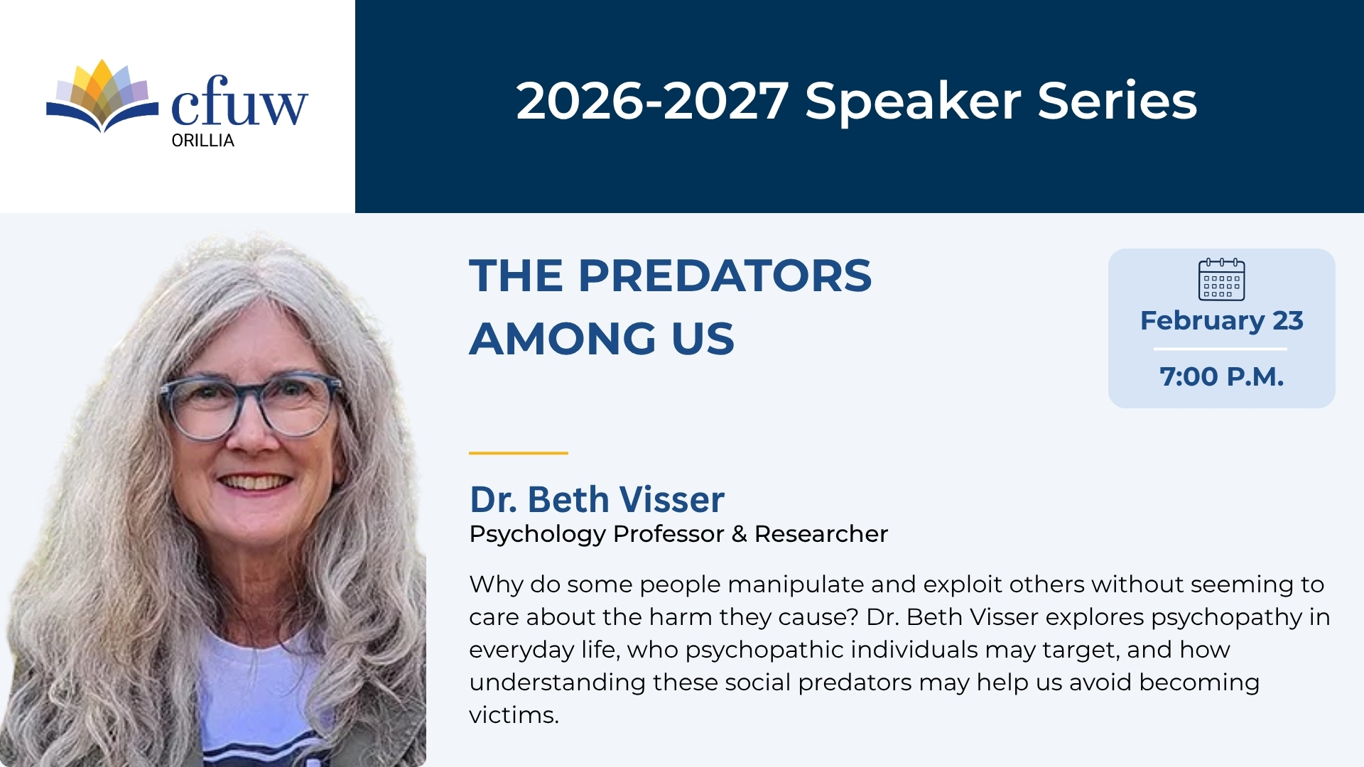 Dr. Beth Visser to speak on the Predator among us on Feb 23