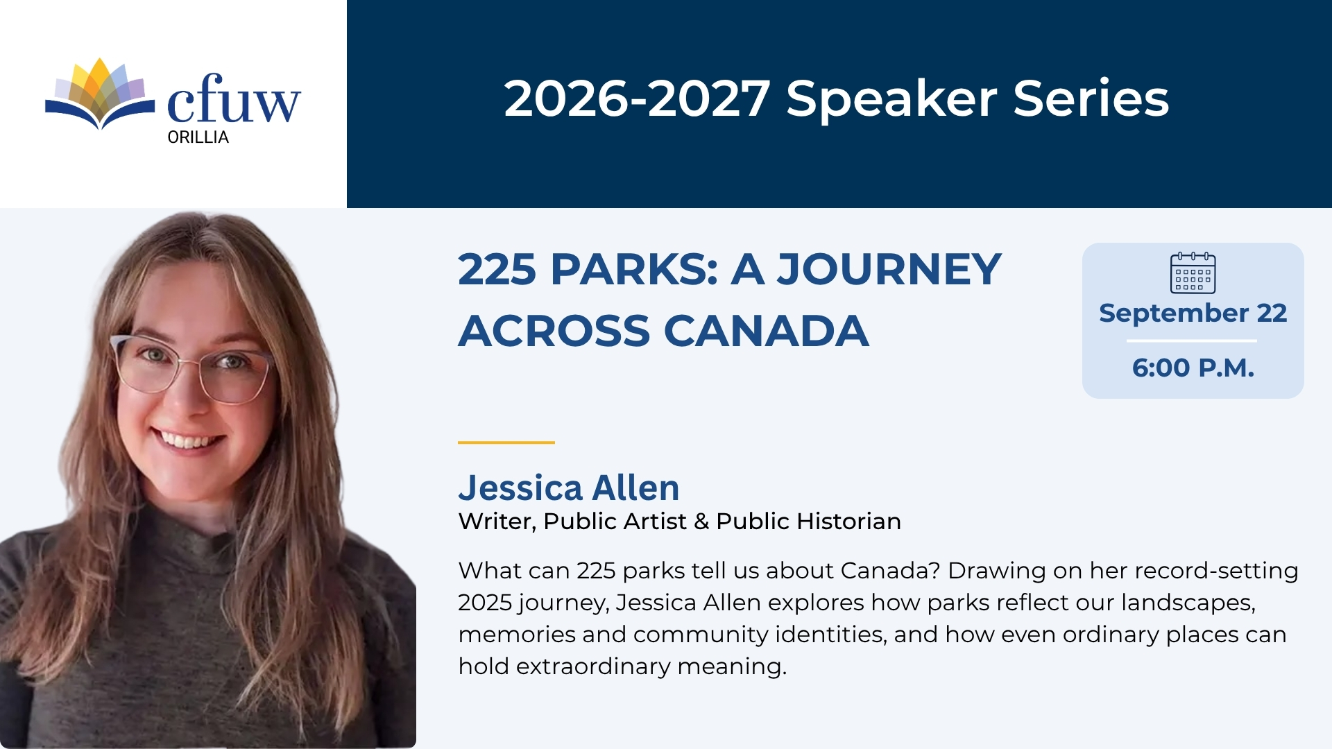 Jessica Allen to speak on 225 Parks: A journey across Canada