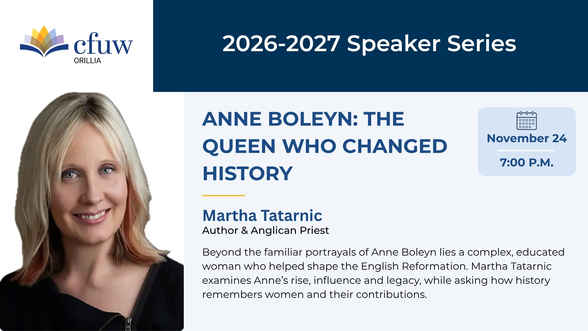 Martha Tatarnic to speak on Anne Boleyn the queen who changed history November 24